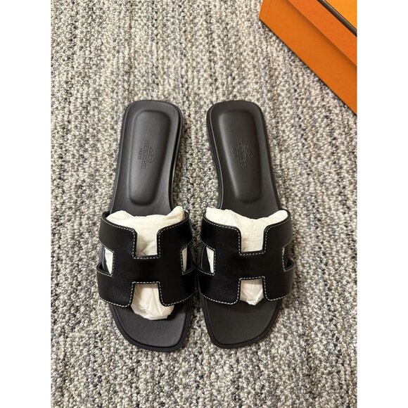 Hermès Oran Sandals In Black Leather With Signature "H" Cut-Out Design Size 36.5 - Picture 1 of 10